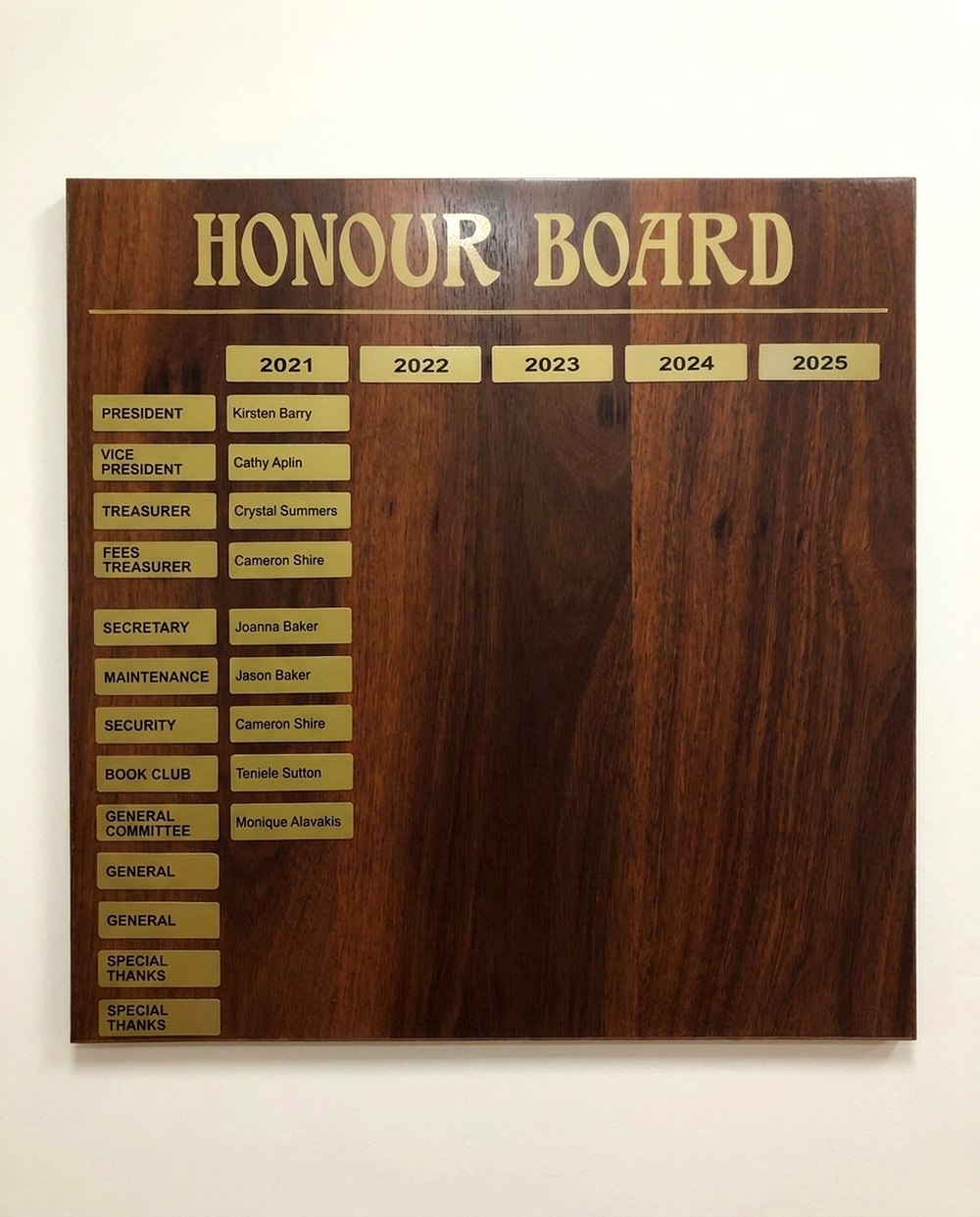afs hb association honour board Honour Boards 8 Timber honour board with individual engraved name plates for committee roles listed by year