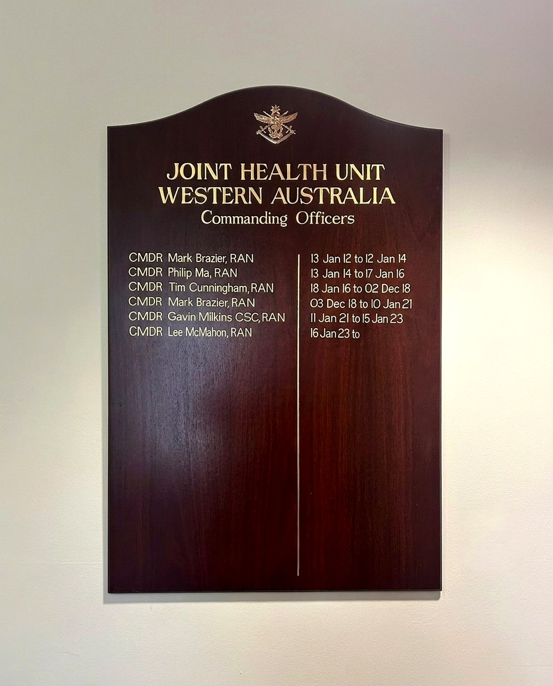 afs hb military honour board Honour Boards 10 Shaped timber honour board with a crest and gold lettering listing commanding officers and their posting dates