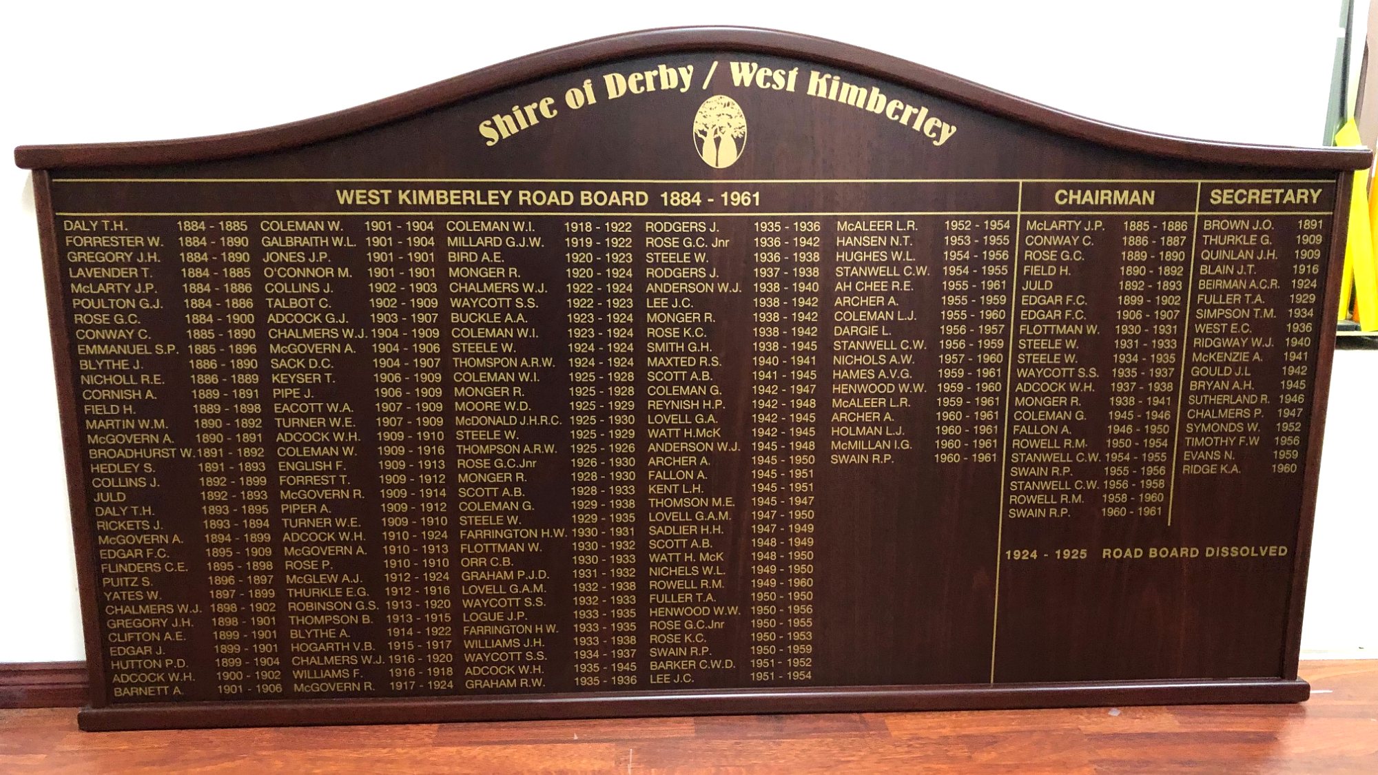 afs hb shire honour board wide Honour Boards 11 Wide timber honour board with gold lettering listing West Kimberley Road Board members for the Shire of Derby
